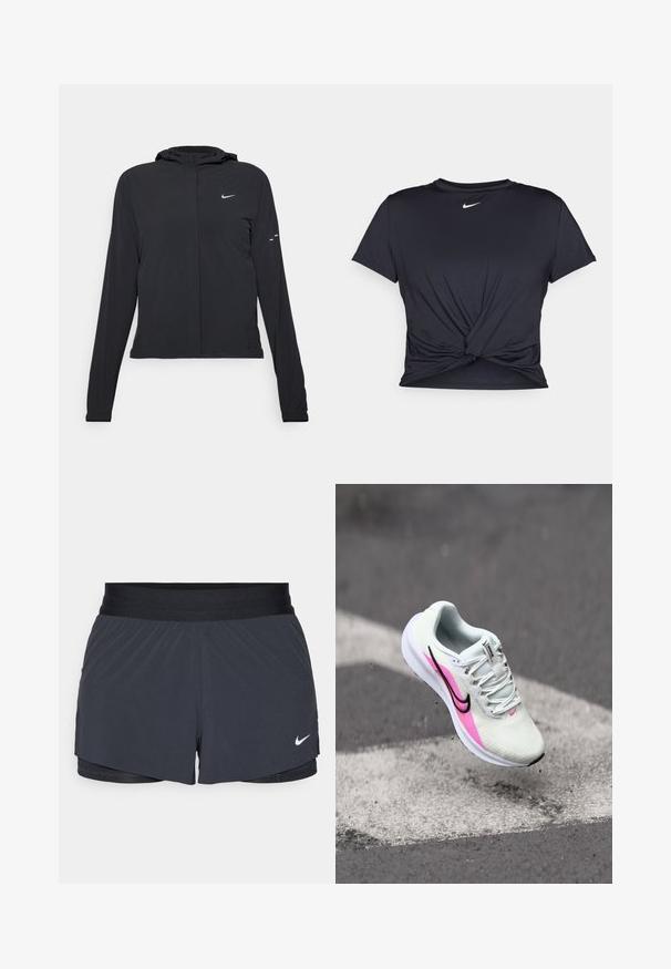 Czarna kurtka z kapturem, z długimi rękawami, wykonana z lekkiego materiału. Posiada zamek błyskawiczny z przodu, logo Nike oraz subtelne akcenty wzornicze.; Czarna sportowa koszulka z gładkiego materiału, z wiązanym przodem i małym białym logo Nike na piersi.; Czarne szorty sportowe z elastycznym pasem, o warstwowej konstrukcji i małym białym logo Nike na dolnym lewym boku. Wykonane z lekkiego materiału.; Lekki but do biegania w białej siateczce, z różowymi i czarnymi akcentami, podniesionym obcasem oraz teksturowaną podeszwą, unoszący się w powietrzu nad nawierzchnią.