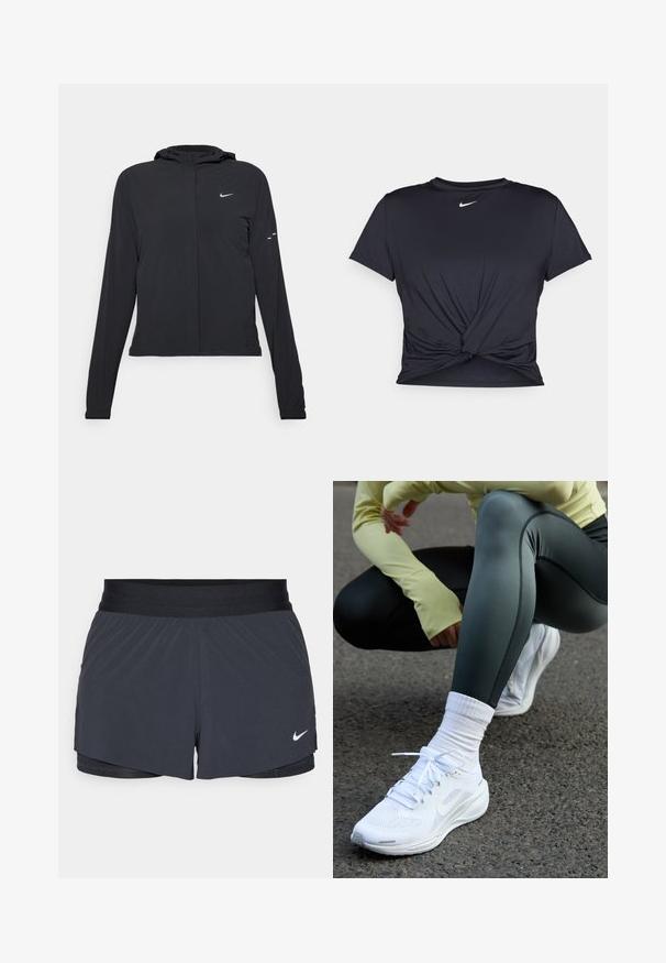 Juodas gobtuvas striukė su ilgomis rankovėmis, pagaminta iš lengvo audinio. Pasižymi priekiniais užtrauktukais, Nike logotipu ir subtiliais dizaino akcentais.; Juodas sportinis marškinėlis, pagamintas iš lygios medžiagos, su surišta priekiu ir mažu baltu Nike logotipu ant krūtinės.; Juodos sportinės šortai su elastine talija, turintys sluoksniuotą dizainą ir mažą baltą Nike logotipą kairiajame apačioje. Lengvas audinys.; Baltos sportinės bateliai su tinklo viršumi, plokščiomis raištelėmis ir paminkštintu padu, derinami su tamsiai žaliomis leggingais ir šviesiai geltona ilgomis rankovėmis marškiniais.