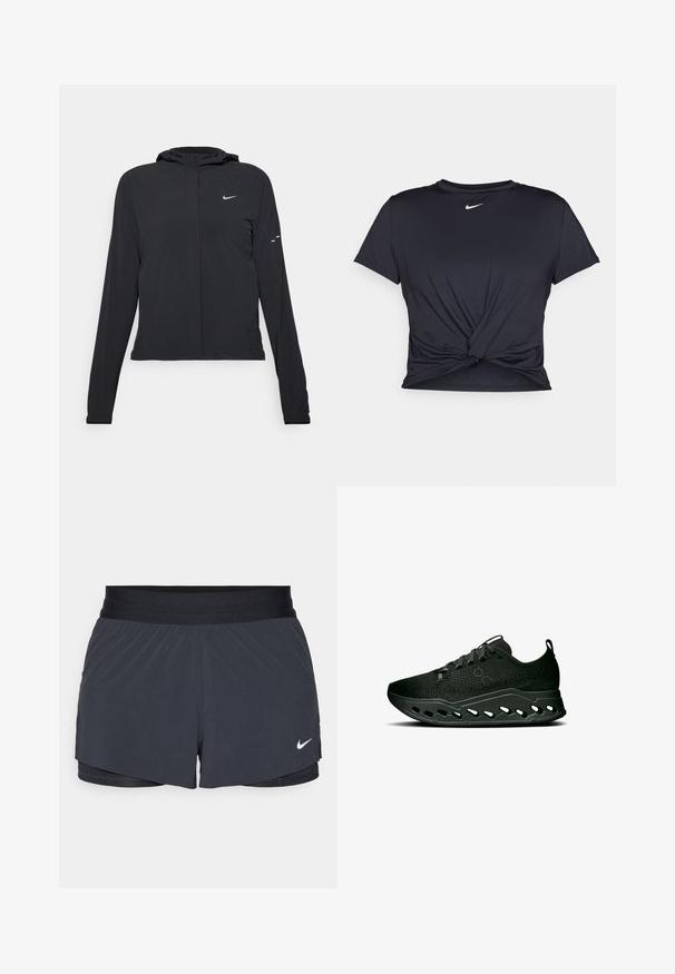 Čierna kapucňová bunda s dlhou rukávou, vyrobená z ľahkého materiálu. Má predný zips, logo Nike a jemné dizajnové akcenty.; Čierne atletické tričko vyrobené z hladkej tkaniny, so zaväzovaným predným dizajnom a malým bielym logom Nike na hrudi.; Čierne športové šortky s elastickým pásom, ktoré majú vrstvený dizajn a malú bielu aplikáciu loga Nike v dolnom ľavom rohu. Ľahký materiál.; On CLOUDSURFER MAX - Cestná bežecká obuv - black   eclipse