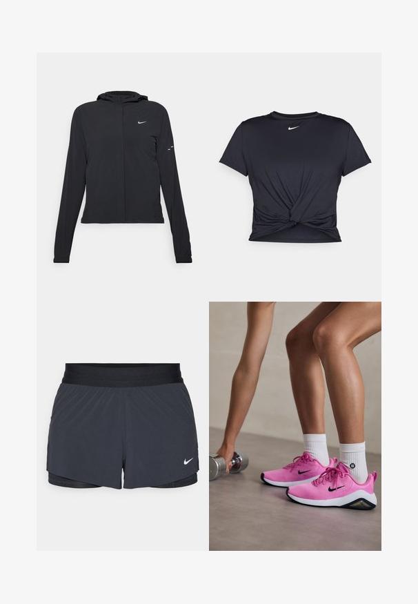 Sort hættetrøje med lange ærmer, lavet af letvægtsmateriale. Har en frontlynlås, et Nike-logo og subtile designaccenter.; Sort atletisk t-shirt lavet af glat stof, med et knyttet frontdesign og et lille hvidt Nike-logo på brystet.; Sort træningsshorts med elastisk talje, der har et lagdelt design og et lille hvidt Nike-logo nederst til venstre. Letvægtsmateriale.; Rosa Nike atletiske sko med mesh-overdel, sorte detaljer og en hvid sål, båret med hvide sokker, ved siden af en sølvvægtdumbbell.