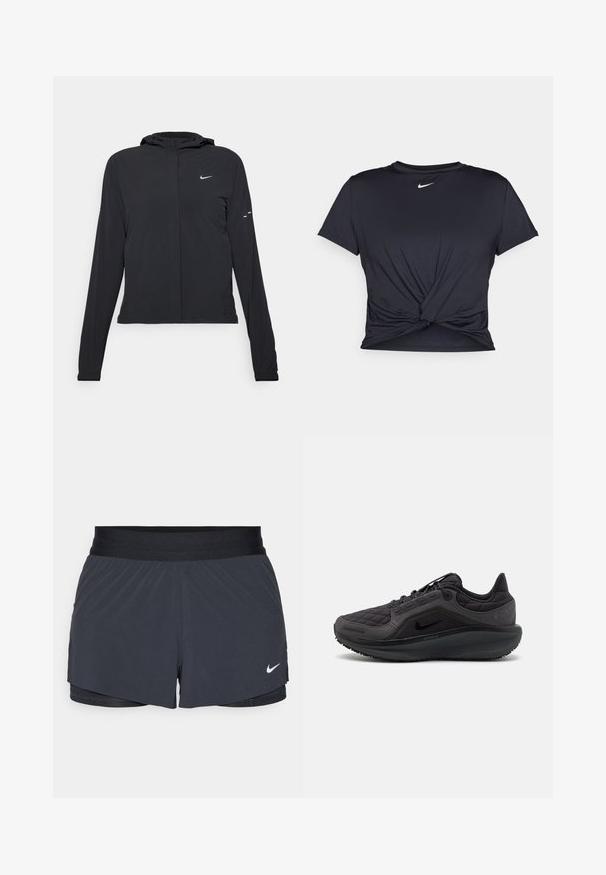 Chaqueta negra con capucha y mangas largas, hecha de un material ligero. Presenta un cierre frontal, un logo de Nike y acentos de diseño sutiles.; Camiseta atlética negra hecha de tela suave, con un diseño de nudo en la parte delantera y un pequeño logo blanco de Nike en el pecho.; Shorts deportivos negros con cintura elástica, que presentan un diseño en capas y un pequeño logo blanco de Nike en la parte inferior izquierda. Material ligero.; Zapatilla deportiva negra con parte superior acolchada, detalles texturizados y suela acolchada. Presenta un prominente logo de Nike y suela duradera.