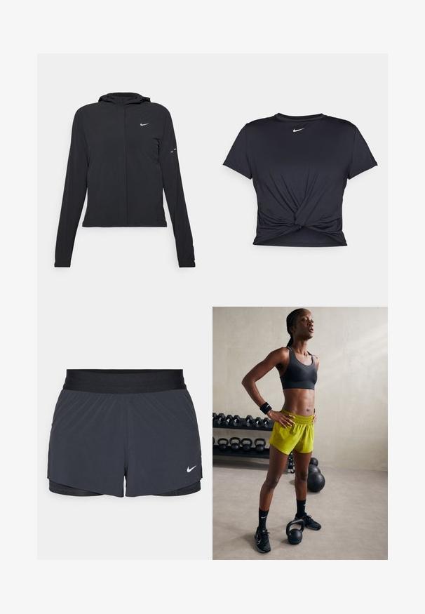 Svart hettegenser med lange ermer, laget av lett materiale. Har glidelås foran, Nike-logo og subtile design detaljer.; Svart trenings T-skjorte laget av glatt stoff, med en knyttet frontdesign og en liten hvit Nike-logo på brystet.; Sorte treningshorts med elastisk midjebånd, med lagdelt design og liten hvit Nike-logo på nederste venstre side. Lett materiale.; Svart sports-bh, lyse gule shorts med elastisk midje, svarte joggesko og håndleddsbånd, står ved siden av kettlebells.