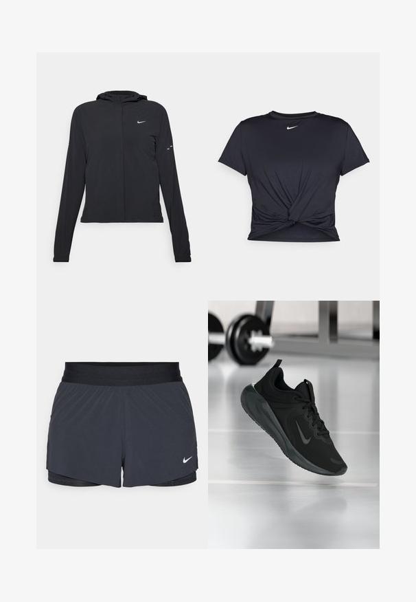 Jachetă neagră cu glugă, cu mâneci lungi, fabricată din material ușor. Dispune de un fermoar frontal, un logo Nike și accente de design subtile.; Tricou sport negru din material neted, cu un design frontal legat și un mic logo Nike alb pe piept.; Shorts atletici negri, cu un elastic la talie, având un design stratificat și un mic logo alb Nike în partea stângă jos. Material ușor.; Tenisii sport negru cu logo-ul Nike, arătați în aer deasupra podelei de sală de sport, cu un suport pentru haltere neclar în fundal.