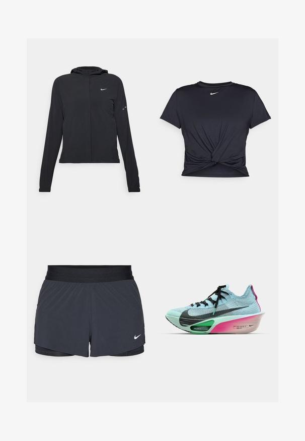 Sort hættetrøje med lange ærmer, lavet af letvægtsmateriale. Har en frontlynlås, et Nike-logo og subtile designaccenter.; Sort atletisk t-shirt lavet af glat stof, med et knyttet frontdesign og et lille hvidt Nike-logo på brystet.; Sort træningsshorts med elastisk talje, der har et lagdelt design og et lille hvidt Nike-logo nederst til venstre. Letvægtsmateriale.; Nike løbesko med en lys blå strikket overdel, sorte detaljer, en grøn AIR ZOOM mellemsål og en pink og hvid gradient sål.