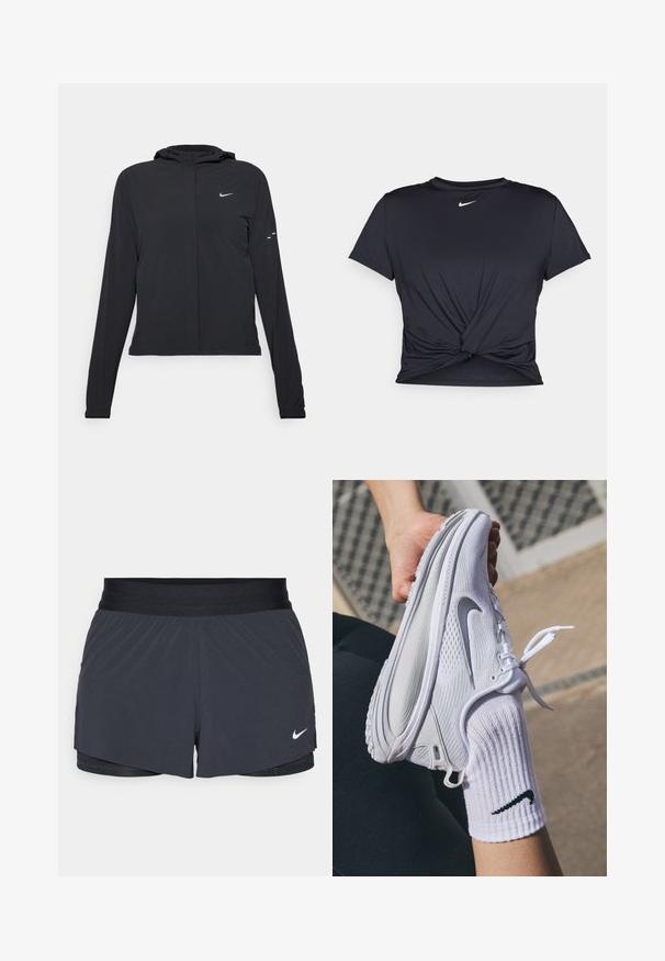 Veste à capuche noire avec des manches longues, fabriquée en matériau léger. Elle comporte une fermeture éclair à l'avant, un logo Nike et des accents de design subtils.; T-shirt de sport noir en tissu lisse, avec un design avant noué et un petit logo Nike blanc sur la poitrine.; Shorts de sport noirs avec une taille élastique, dotés d'un design superposé et d'un petit logo Nike blanc en bas à gauche. Matière légère.; Chaussure de sport blanche avec un design texturé et un logo Nike gris, tenue au-dessus d'une chaussette blanche. La chaussure présente une semelle flexible et des lacets.