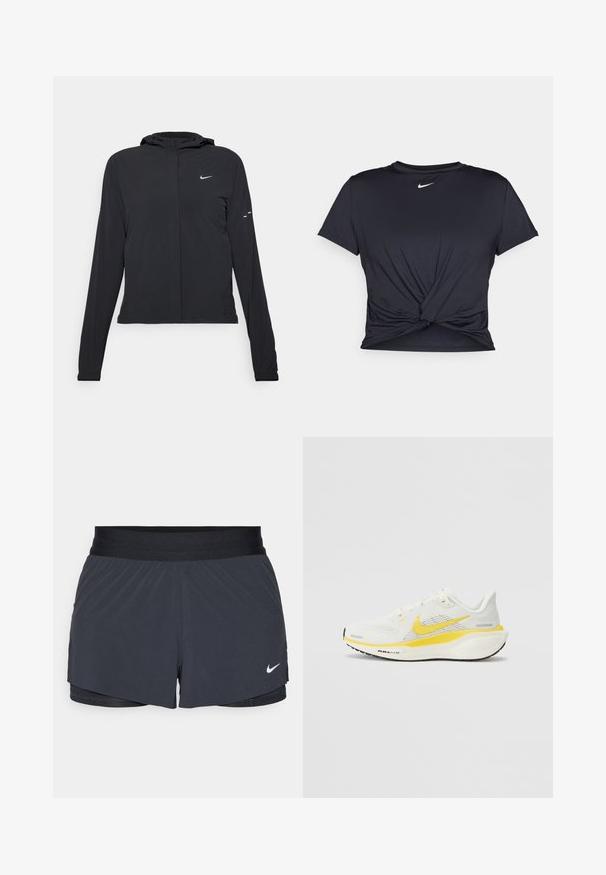 Melnā kapuci jaka ar garām piedurknēm, izgatavota no viegla materiāla. Tam ir priekšējais rāvējslēdzis, Nike logo un smalki dizaina akcenti.; Melna sporta t-kreklu ar gludu audumu, ar mezglošanas priekšpusi un mazu baltu Nike logotipu uz krūšu daļas.; Melnas sporta šortus ar elastīgu jostu, ar slāņotu dizainu un mazu balto Nike logo apakšējā kreisajā stūrī. Viegls materiāls.; Nike skriešanas apavi balta mežģīņu materiālā ar dzelteniem akcentiem. Iezīmes ietver mīkstu zoli un elpojošu augšējo dizainu. Teksturēta melna gumijas zole.