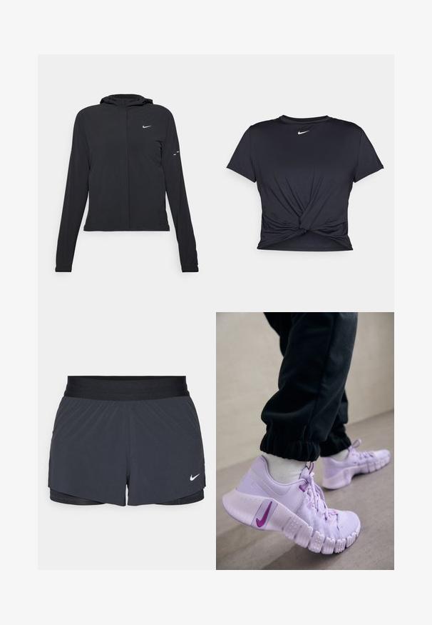 Mustassa hupparissa on pitkät hihat, ja se on valmistettu kevyestä materiaalista. Siinä on edessä vetoketju, Nike-logo ja hillityt muotoiluyksityiskohdat.; Musta urheilu T-paita, joka on valmistettu sileästä kankaasta, jossa on solmittu etuosa ja pieni valkoinen Nike-logo rinnassa.; Mustat urheilushortsit, joissa on joustava vyötärö. Shortseissa on kerroksellinen muotoilu ja pieni valkoinen Nike-logo vasemmassa alareunassa. Kevyt materiaali.; Nike Performance Treenikenkä - lilac bloom/vivid purple/barely grape