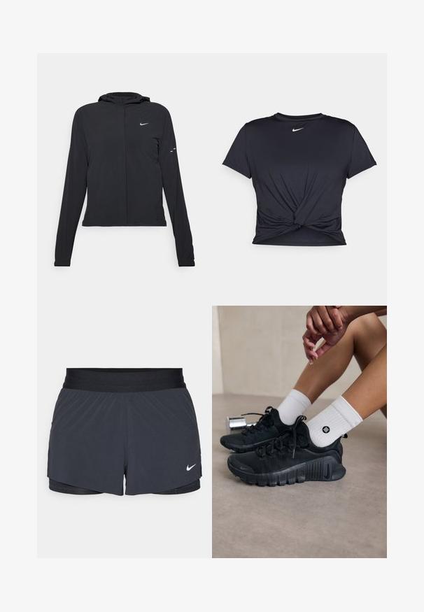 Svart huva jacka med långa ärmar, gjord av lätt material. Har en framdragare, en Nike-logotyp och subtila designelement.; Svart atletisk t-shirt i mjukt tyg, med en knuten framdesign och en liten vit Nike-logga på bröstet.; Svarta idrottsshorts med elastisk midja, med en lagerdesign och en liten vit Nike-logga på nedre vänstra sidan. Lättviktig material.; Svarta sportskor med texturerat tyg, snörning och en framträdande sula, tillsammans med vita ribbade strumpor med en liten logotyp.