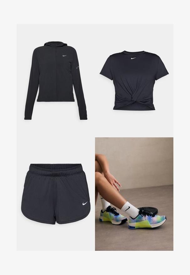Juodas gobtuvas striukė su ilgomis rankovėmis, pagaminta iš lengvo audinio. Pasižymi priekiniais užtrauktukais, Nike logotipu ir subtiliais dizaino akcentais.; Juodas sportinis marškinėlis, pagamintas iš lygios medžiagos, su surišta priekiu ir mažu baltu Nike logotipu ant krūtinės.; Juodos sportinės šortai, pagaminti iš lengvos, kvėpuojančios medžiagos. Turi elastingą juosmenį ir baltą Nike logotipą apatinėje dešinėje pusėje.; Daugiaspalviai sportiniai bateliai su gradientiniu dizainu, pereinančiu nuo mėlynos iki žalios, su juodais raišteliais ir išryškintu Nike logotipu.