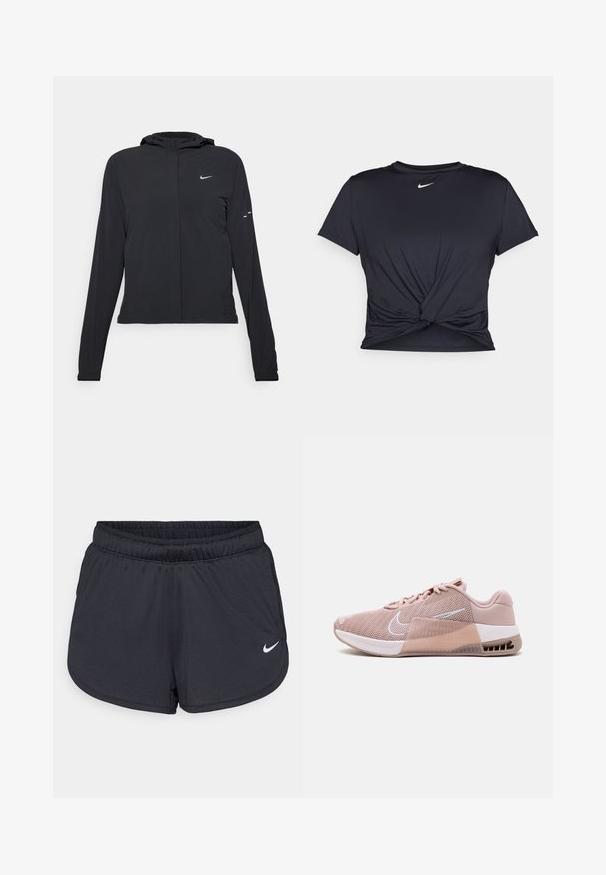 Melnā kapuci jaka ar garām piedurknēm, izgatavota no viegla materiāla. Tam ir priekšējais rāvējslēdzis, Nike logo un smalki dizaina akcenti.; Melna sporta t-kreklu ar gludu audumu, ar mezglošanas priekšpusi un mazu baltu Nike logotipu uz krūšu daļas.; Melnas sporta šortus, kas izgatavoti no viegla, elpojoša auduma. Iezīmē elastīga josta un balts Nike logo labajā apakšējā stūrī.; Nike Performance METCON 9 - Treniņkurpes - pink oxford/white/diffused taupe/pearl pink