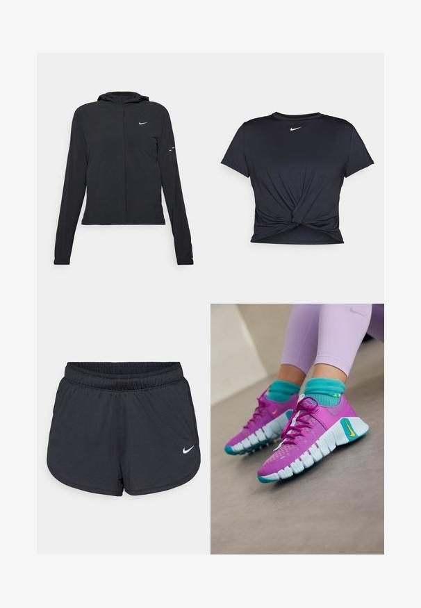 Giacca nera con cappuccio e maniche lunghe, realizzata in materiale leggero. Presenta una zip frontale, il logo Nike e accenti di design sottili.; Maglietta atletica nera realizzata in tessuto liscio, con un design anteriore annodato e un piccolo logo Nike bianco sul petto.; Pantaloncini sportivi neri realizzati in tessuto leggero e traspirante. Caratterizzati da una vita elastica e dal logo Nike bianco sul lato inferiore destro.; Nike Performance Scarpe da allenamento - hyper violet/laser orange/glacier blue/dusty cactus