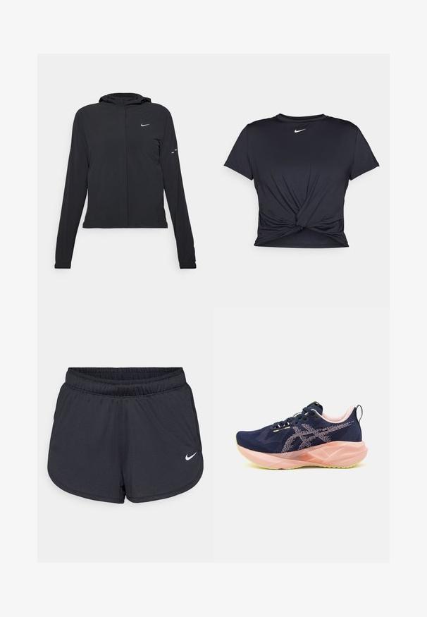Must musta kapuutsiga jakk, millel on pikad varrukad ja mis on valmistatud kergetest materjalidest. Omab esitaskut, Nike logo ja kergelt silmatorkavaid disainiaktsente.; Mustmust musta sportlik T-särk, mis on valmistatud sujuvast kangast, millel on sõlmega esikülg ja väike valge Nike logo rinnal.; Mustad mustikud mustad lühikesed püksid, mis on valmistatud kerge ja hingava kangaga. Omab elastset vööd ja valget Nike logo alumises paremas nurgas.; Tumedate sinised jooksujalad, millel on tõmblukuga ülemine osa, roosa aktsentide ja rohelise tallaotstarbega. Omab erilise kujuga tallat ja nööpide kujundust.