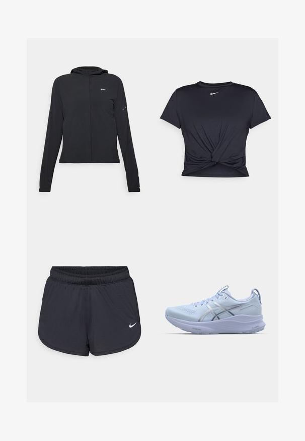 Must musta kapuutsiga jakk, millel on pikad varrukad ja mis on valmistatud kergetest materjalidest. Omab esitaskut, Nike logo ja kergelt silmatorkavaid disainiaktsente.; Mustmust musta sportlik T-särk, mis on valmistatud sujuvast kangast, millel on sõlmega esikülg ja väike valge Nike logo rinnal.; Mustad sportlikud lühikesed püksid elastse vöökohaga, millel on spordilik disain ja valge Nike logo alumisel esiküljel. Kootud kangas.; Heled sinine jooksutoss, millel on võrgust pealis, peegeldavad hõbedased detailid, pehmendusega tallad ja tekstuuriga kummist tallad haardeks.