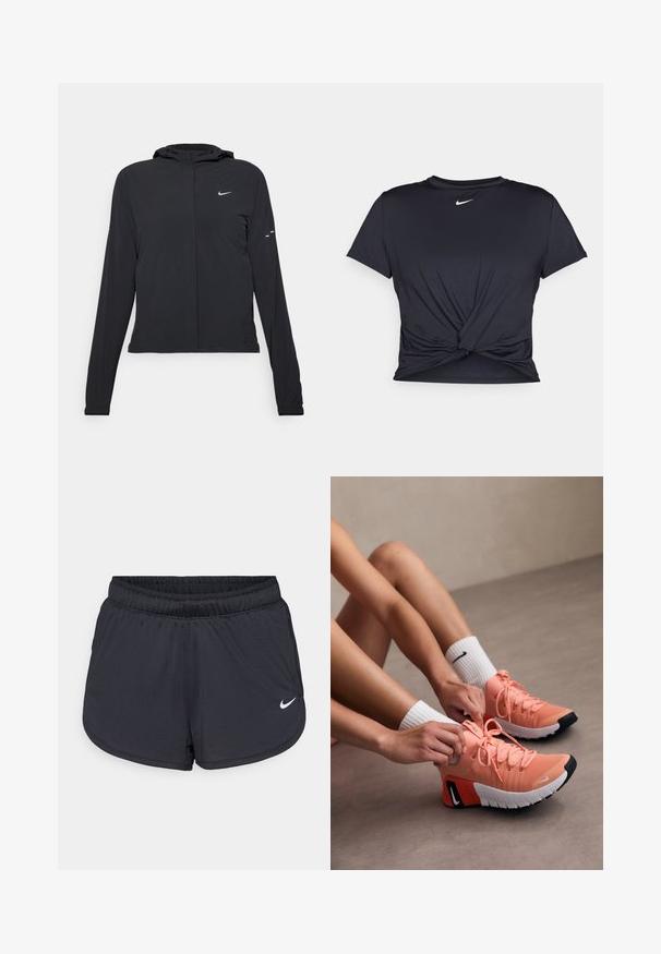 Must musta kapuutsiga jakk, millel on pikad varrukad ja mis on valmistatud kergetest materjalidest. Omab esitaskut, Nike logo ja kergelt silmatorkavaid disainiaktsente.; Mustmust musta sportlik T-särk, mis on valmistatud sujuvast kangast, millel on sõlmega esikülg ja väike valge Nike logo rinnal.; Mustad sportlikud lühikesed püksid elastse vöökohaga, millel on spordilik disain ja valge Nike logo alumisel esiküljel. Kootud kangas.; Kerged pink spordijalatsid tekstuuriga kangast, silmapaistvate paeltega ja kummiste talladega. Lõpetatud vastandava musta ja valge logo detailiga.