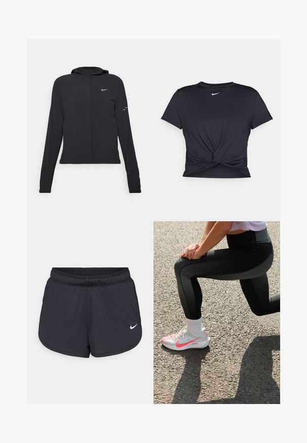 Black hooded jacket with long sleeves, made from lightweight material. Features a front zipper, a Nike logo, and subtle design accents.; Black athletic t-shirt made of smooth fabric, featuring a knotted front design and a small white Nike logo on the chest.; Black athletic shorts with an elastic waistband, featuring a sporty design and a white Nike logo on the lower front. Textured fabric.; Nike Performance PEGASUS PLUS - Road running shoes - barely grey/hot punch/white/black