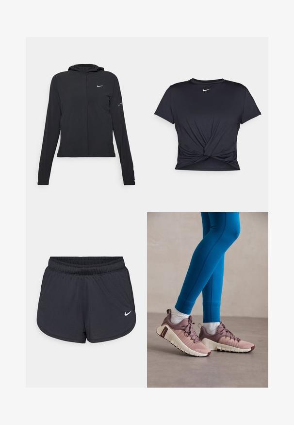 Sort hættetrøje med lange ærmer, lavet af letvægtsmateriale. Har en frontlynlås, et Nike-logo og subtile designaccenter.; Sort atletisk t-shirt lavet af glat stof, med et knyttet frontdesign og et lille hvidt Nike-logo på brystet.; Sorte atletikshorts med elastisk talje, med et sporty design og en hvid Nike-logo på den nederste front. Tekstureret stof.; Diverse sko i lyserød og beige med teksturerede sidelapper, brune detaljer og fleksible såler. Bæres sammen med blå leggings og hvide sokker.