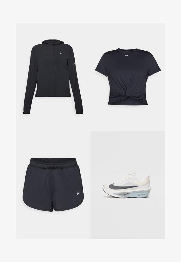 Svart huva jacka med långa ärmar, gjord av lätt material. Har en framdragare, en Nike-logotyp och subtila designelement.; Svart atletisk t-shirt i mjukt tyg, med en knuten framdesign och en liten vit Nike-logga på bröstet.; Svarta träningsshorts med elastisk midjeresår, med sportig design och en vit Nike-logotyp på nedre framsidan. Texturerat tyg.; Vit löparsko med ett ventilerande mesh-överdel, blå accenter och en distinkt mellansole-design som har ett synligt dämpningssystem.