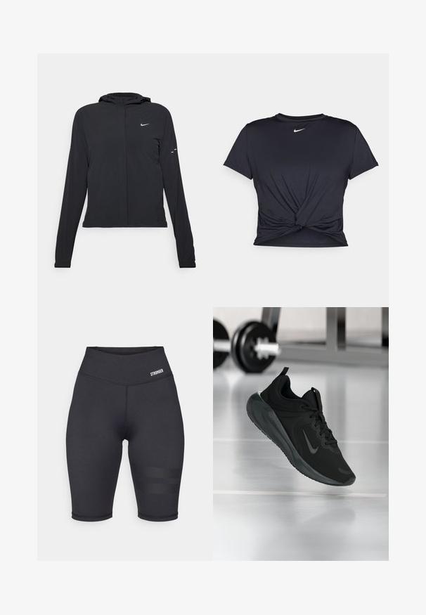 Casaco preto com capuz e mangas longas, feito de material leve. Apresenta um fecho dourado na frente, um logótipo da Nike e detalhes de design subtis.; T-shirt atlético preto feito de tecido liso, apresentando um design frontal com nó e um pequeno logótipo branco da Nike no peito.; Calções atléticos pretos de cintura alta com uma textura suave, apresentando um cós elástico e detalhes em riscas nas laterais. Logótipos no cós.; Sapatilha desportiva preta com o logotipo da Nike, mostrada em pleno ar sobre o chão do ginásio, com um suporte de halteres desfocado ao fundo.