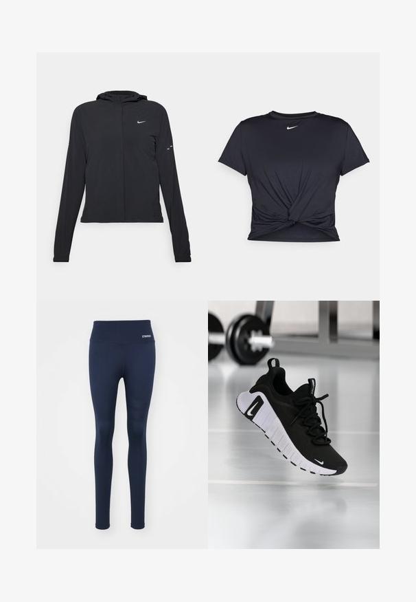 Jachetă neagră cu glugă, cu mâneci lungi, fabricată din material ușor. Dispune de un fermoar frontal, un logo Nike și accente de design subtile.; Tricou sport negru din material neted, cu un design frontal legat și un mic logo Nike alb pe piept.; Leggings bleumarin din material elastic, cu un talie lată și un logo contrastant "STRONGER" pe talie, având accente texturate pe laterale.; Pantof sport negru cu o parte superioară din material texturat, talpă albă și sistem de șireturi proeminent. Prezintă un logo Nike și un design moale, amortizat.