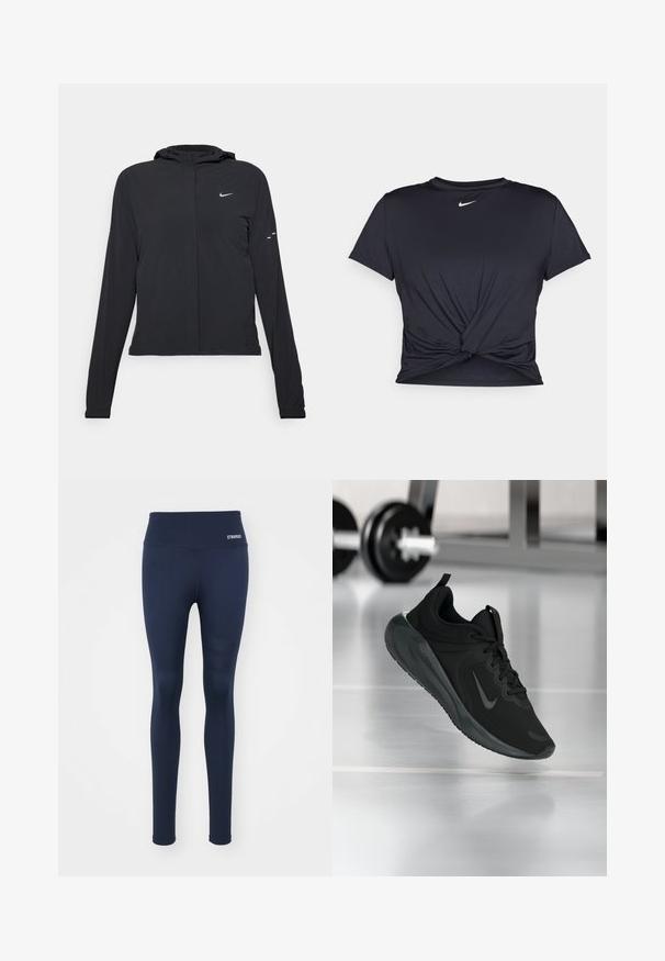 Jachetă neagră cu glugă, cu mâneci lungi, fabricată din material ușor. Dispune de un fermoar frontal, un logo Nike și accente de design subtile.; Tricou sport negru din material neted, cu un design frontal legat și un mic logo Nike alb pe piept.; Leggings bleumarin din material elastic, cu un talie lată și un logo contrastant "STRONGER" pe talie, având accente texturate pe laterale.; Tenisii sport negru cu logo-ul Nike, arătați în aer deasupra podelei de sală de sport, cu un suport pentru haltere neclar în fundal.