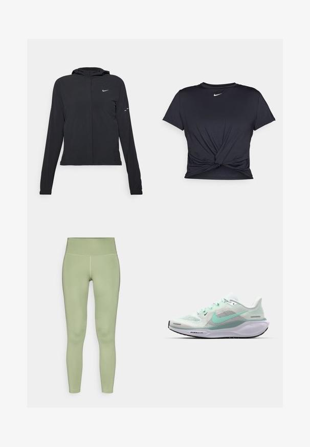 Giacca nera con cappuccio e maniche lunghe, realizzata in materiale leggero. Presenta una zip frontale, il logo Nike e accenti di design sottili.; Maglietta atletica nera realizzata in tessuto liscio, con un design anteriore annodato e un piccolo logo Nike bianco sul petto.; Leggings aderenti in un morbido tessuto verde chiaro con vita alta, superficie liscia e cuciture piatte.; Scarpa da corsa leggera con tomaia in mesh traspirante bianco e verde menta. Presenta dettagli in TPU, una soletta imbottita e suola testurizzata.