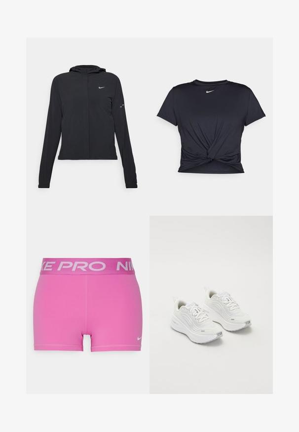 Crna jakna s kapuljačom i dugim rukavima, izrađena od laganog materijala. Ima prednji patentni zatvarač, Nike logo i suptilne dizajnerske detalje.; Crni trenirac s kratkim rukavima izrađen od glatkog materijala, s čvorastim dizajnom sprijeda i malim bijelim Nike logotipom na prsima.; Rozpinkane atletske hlačice s širokim sivim Nike Pro pojasom. Napravljene su od glatkog, rastezljivog materijala s ravnim šavovima i malim Nike logom.; Bijele sportske tenisice s teksturiranim mrežastim gornjim dijelom, podstavljenom potplatom i suptilnim sivim naglascima. Uključuju brendiranje i petlju na peti za lakše obuvanje.
