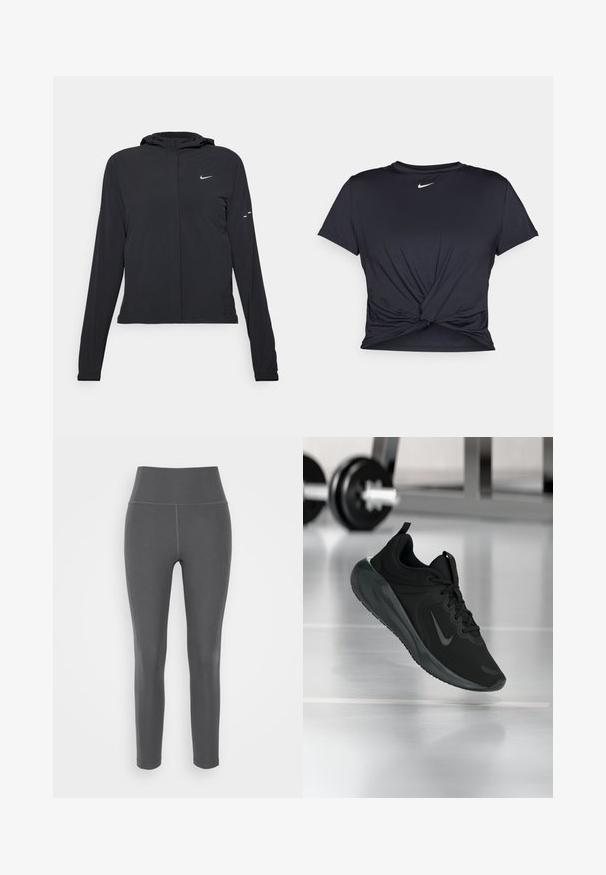 Czarna kurtka z kapturem, z długimi rękawami, wykonana z lekkiego materiału. Posiada zamek błyskawiczny z przodu, logo Nike oraz subtelne akcenty wzornicze.; Czarna sportowa koszulka z gładkiego materiału, z wiązanym przodem i małym białym logo Nike na piersi.; Szare legginsy z wysokim stanem, wykonane z elastycznej, gładkiej tkaniny z płaskimi szwami i dopasowanym krojem, odpowiednie do aktywności fizycznej lub codziennego noszenia.; Czarny sportowy sneaker z logo Nike, pokazany w powietrzu na podłodze siłowni, z rozmytym regałem z hantlami w tle.