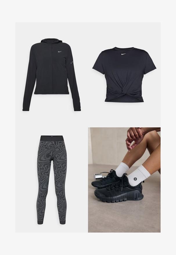 Fekete kapucnis dzseki hosszú ujjakkal, könnyű anyagból készült. Elülső cipzárral, Nike logóval és diszkrét dizájn elemekkel rendelkezik.; Fekete sportpóló sima anyagból, elöl megkötős dizájnnal, a mellkason egy kis fehér Nike logóval.; Sötét szürke stretch anyagból készült leggings, texturált, örvénylő fekete mintázattal; testhez simuló dizájn széles derékkal és szegélyezett mandzsettákkal.; Fekete sportcipők texturált anyagból, fűzős kialakítással és hangsúlyos talppal, fehér bordás zoknikkal párosítva, melyek kis logóval rendelkeznek.