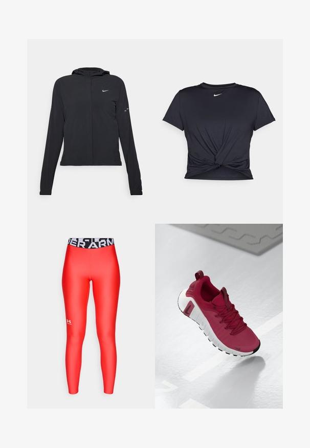 Must musta kapuutsiga jakk, millel on pikad varrukad ja mis on valmistatud kergetest materjalidest. Omab esitaskut, Nike logo ja kergelt silmatorkavaid disainiaktsente.; Mustmust musta sportlik T-särk, mis on valmistatud sujuvast kangast, millel on sõlmega esikülg ja väike valge Nike logo rinnal.; Punased legginsid sujuvast ja venivast materjalist, millel on must vöökoht, kus on valgetega kirjas "UNDER ARMOUR". Väike logo alumisel jalal.; Punane spordijalats tekstureeritud ülemise osa, paelte ja paksu valge tallaga. Omab kontrastset musta varbakorki ja logo küljes.