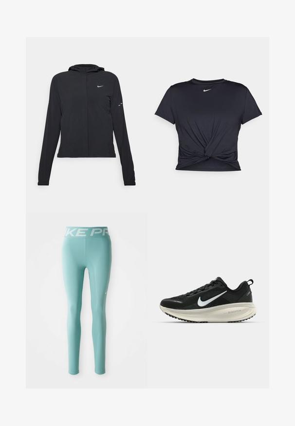Czarna kurtka z kapturem, z długimi rękawami, wykonana z lekkiego materiału. Posiada zamek błyskawiczny z przodu, logo Nike oraz subtelne akcenty wzornicze.; Czarna sportowa koszulka z gładkiego materiału, z wiązanym przodem i małym białym logo Nike na piersi.; Jasnoniebieskie legginsy sportowe o pełnej długości z białym pasem marki Nike Pro i małym białym logo swoosh Nike na prawym udzie.; Czarna biegowa półbut z oddychającej siateczki, białym logo swoosh, teksturowanymi detalami oraz kremową podeszwą środkową ZoomX.