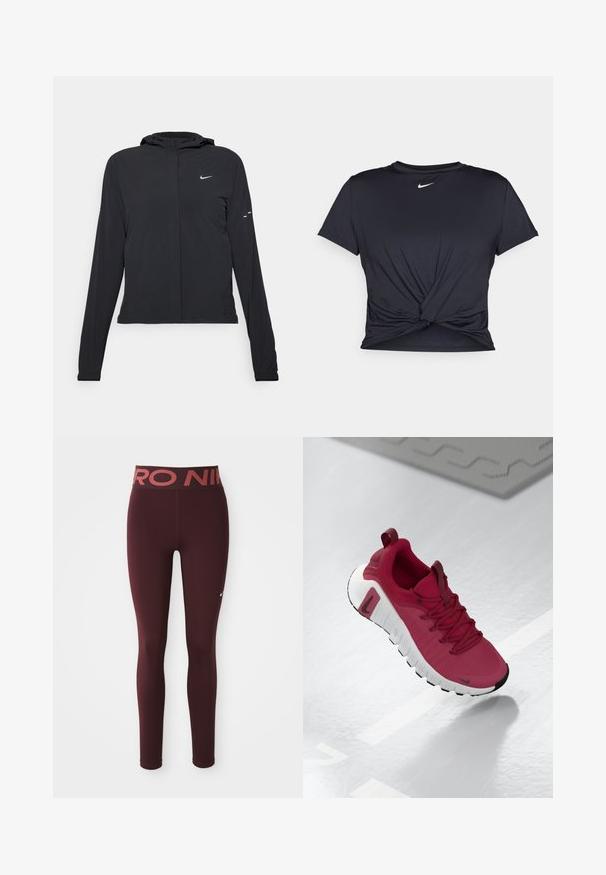 Czarna kurtka z kapturem, z długimi rękawami, wykonana z lekkiego materiału. Posiada zamek błyskawiczny z przodu, logo Nike oraz subtelne akcenty wzornicze.; Czarna sportowa koszulka z gładkiego materiału, z wiązanym przodem i małym białym logo Nike na piersi.; Bordowe legginsy sportowe z wysokim stanem, z czerwonym logo. Wykonane z gładkiego, elastycznego materiału o dopasowanym kroju.; Czerwony but sportowy z teksturowaną cholewką, sznurówkami i grubą białą podeszwą. Posiada kontrastującą czarną osłonę palców i logo po bokach.