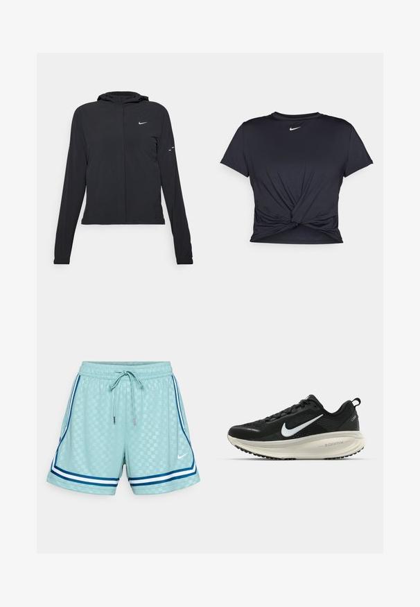 Chaqueta negra con capucha y mangas largas, hecha de un material ligero. Presenta un cierre frontal, un logo de Nike y acentos de diseño sutiles.; Camiseta atlética negra hecha de tela suave, con un diseño de nudo en la parte delantera y un pequeño logo blanco de Nike en el pecho.; Pantalones cortos azul claro con un patrón de cuadrícula texturizado, cintura elástica, cordón ajustable y franjas laterales en azul y blanco. Logo de Nike en la parte frontal.; Zapatilla de running Nike negra con parte superior de malla transpirable, logo Swoosh blanco, detalles texturizados y una entresuela ZoomX de color crema.
