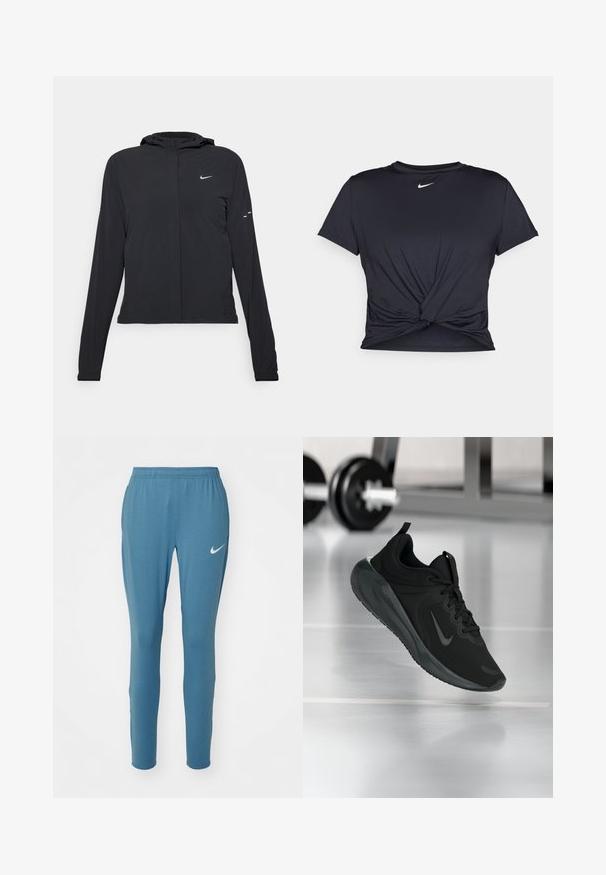 Black hooded jacket with long sleeves, made from lightweight material. Features a front zipper, a Nike logo, and subtle design accents.; Black athletic t-shirt made of smooth fabric, featuring a knotted front design and a small white Nike logo on the chest.; Blue athletic pants featuring a tapered fit, elastic waistband, and small white Nike logo on the left thigh. Smooth, lightweight material.; Black sports sneaker with Nike logo, shown mid-air on gym floor, with blurred dumbbell rack in background.