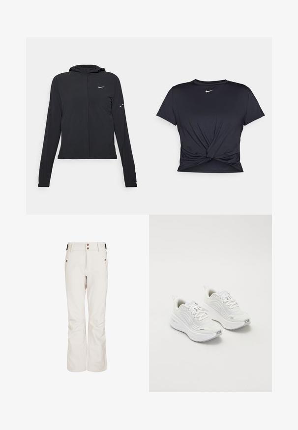 Čierna kapucňová bunda s dlhou rukávou, vyrobená z ľahkého materiálu. Má predný zips, logo Nike a jemné dizajnové akcenty.; Čierne atletické tričko vyrobené z hladkej tkaniny, so zaväzovaným predným dizajnom a malým bielym logom Nike na hrudi.; Krémové lyžiarske nohavice s hladkou textúrou, ktoré majú dva zipsové vrecká, dva predné gombíky a priliehavý strih pre teplo a pohyblivosť.; Biele športové topánky s textúrovaným sieťovým zvrškom, polstrovanou podrážkou a jemnými šedými akcentmi. Obsahujú branding a slučkovú pätku pre jednoduché obúvanie.