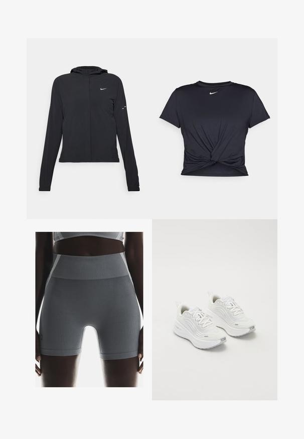 Juodas gobtuvas striukė su ilgomis rankovėmis, pagaminta iš lengvo audinio. Pasižymi priekiniais užtrauktukais, Nike logotipu ir subtiliais dizaino akcentais.; Juodas sportinis marškinėlis, pagamintas iš lygios medžiagos, su surišta priekiu ir mažu baltu Nike logotipu ant krūtinės.; Pilki šonkačiai sportiniai šortai turi aukštą juosmenį, lygų paviršių ir prigludusią formą, papildytą mažu prekės ženklo etikete šone.; Baltieji sportiniai batai su tekstūruota tinklelio viršutine dalimi, paminkštintu padu ir subtiliais pilkais akcentais. Yra prekės ženklas ir kilpa kulne, skirta lengvam užsidėjimui.