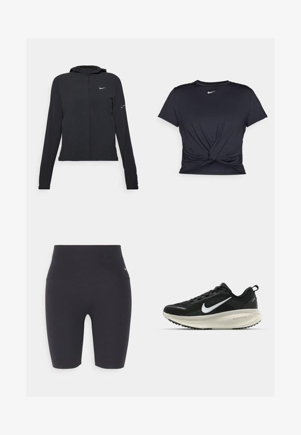 Fekete kapucnis dzseki hosszú ujjakkal, könnyű anyagból készült. Elülső cipzárral, Nike logóval és diszkrét dizájn elemekkel rendelkezik.; Fekete sportpóló sima anyagból, elöl megkötős dizájnnal, a mellkason egy kis fehér Nike logóval.; Fekete sportos kerékpáros rövidnadrág rugalmas anyagból, magas derékkal, sima textúrával és egy kis logóval a bal csípőn.; Fekete Nike futócipő légáteresztő hálós felsőrésszel, fehér Swoosh logóval, textúrázott részletekkel és krém színű ZoomX középtalppal.
