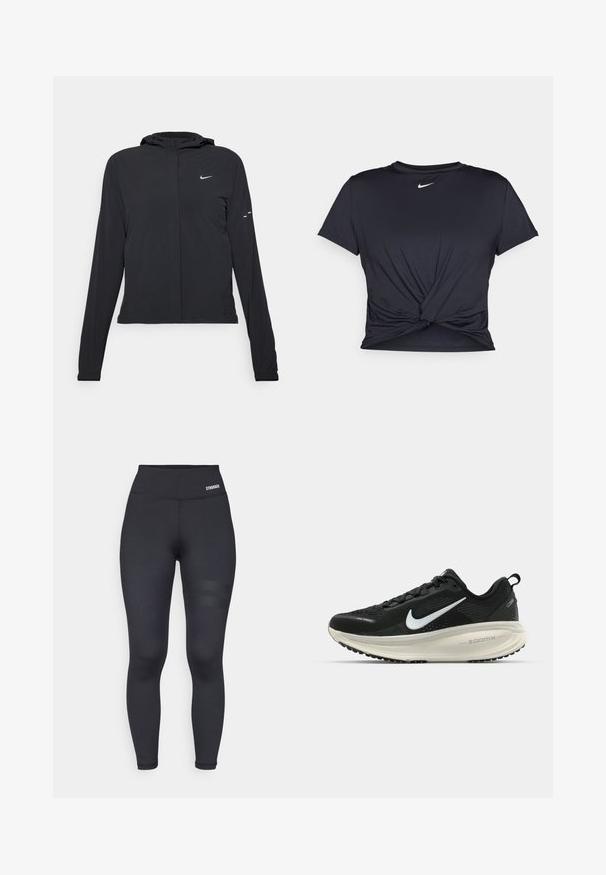 Black hooded jacket with long sleeves, made from lightweight material. Features a front zipper, a Nike logo, and subtle design accents.; Black athletic t-shirt made of smooth fabric, featuring a knotted front design and a small white Nike logo on the chest.; Black high-waisted leggings with a smooth texture, featuring a branded waistband and two horizontal stripes on the thigh for detail.; Black Nike running shoe with breathable mesh upper, white swoosh logo, textured detailing, and a cream-colored ZoomX midsole.