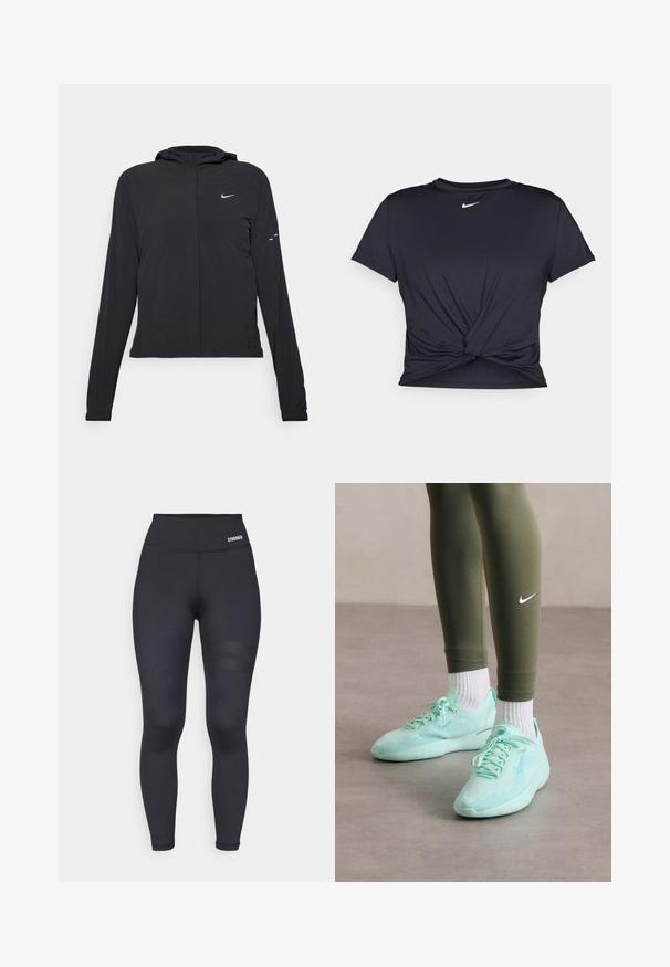 Zwarte kaptrui met lange mouwen, gemaakt van lichtgewicht materiaal. Voorzien van een ritssluiting aan de voorkant, een Nike-logo en subtiele ontwerpelementen.; Zwarte sportieve T-shirt van gladde stof, met een geknoopt ontwerp aan de voorkant en een klein wit Nike-logo op de borst.; Zwarte high-waisted leggings met een gladde textuur, voorzien van een gebrandmerkte tailleband en twee horizontale strepen op de dij voor extra detail.; Licht muntgroene Nike-sneakers met een bovenwerk van mesh en een gestructureerde zool, gecombineerd met olijfgroene leggings en witte sokken.
