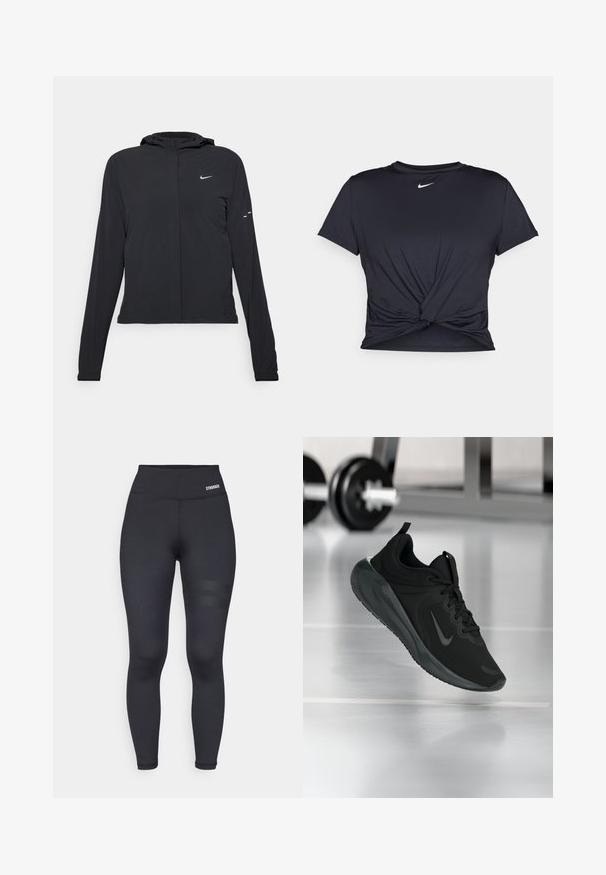 Črna kapuča s dolgimi rokavi, izdelana iz lahkega materiala. Ima sprednji zadrgo, logotip Nike in subtilne oblikovne detajle.; Črna atletska majica iz gladkega materiala, z vozlanim sprednjim delom in majhnim belim logotipom Nike na prsih.; Črne visoke legice z gladko teksturo, ki imajo oznako na pasu in dve vodoravni črti na stegnu za podrobnosti.; Črne športne teniske z logotipom Nike, prikazane v zraku na telovadni talni površini, v ozadju pa zamegljena vrsta uteži.