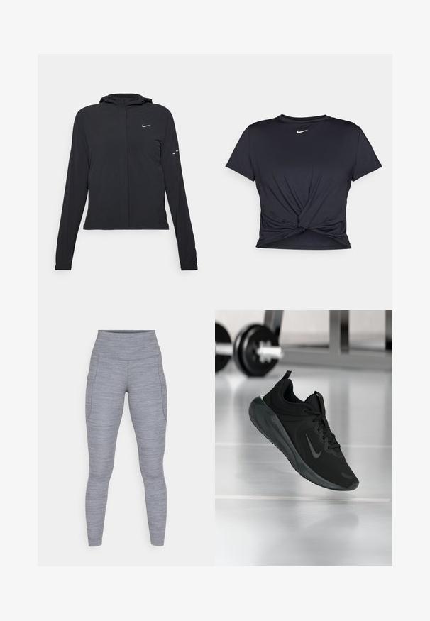 Giacca nera con cappuccio e maniche lunghe, realizzata in materiale leggero. Presenta una zip frontale, il logo Nike e accenti di design sottili.; Maglietta atletica nera realizzata in tessuto liscio, con un design anteriore annodato e un piccolo logo Nike bianco sul petto.; Leggings atletici grigi realizzati in tessuto testurizzato, con vita alta e tasche laterali. Il design è aderente e slanciato.; Sneaker sportivo nero con logo Nike, mostrato in volo su un pavimento da palestra, con un supporto per pesi sfocato sullo sfondo.