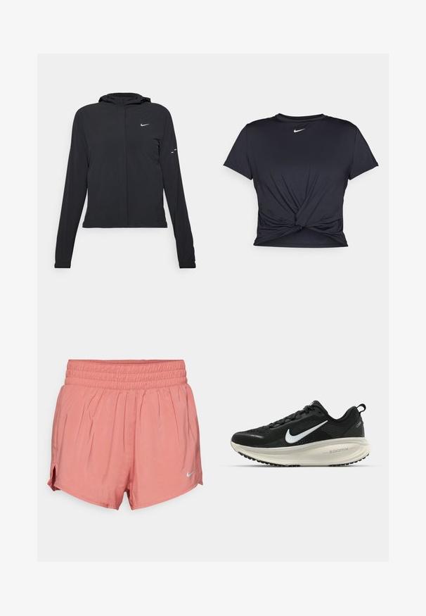 Juodas gobtuvas striukė su ilgomis rankovėmis, pagaminta iš lengvo audinio. Pasižymi priekiniais užtrauktukais, Nike logotipu ir subtiliais dizaino akcentais.; Juodas sportinis marškinėlis, pagamintas iš lygios medžiagos, su surišta priekiu ir mažu baltu Nike logotipu ant krūtinės.; Nike Performance ONE SHORT - Sportiniai šortai - canyon pink/reflective silver; Juodas Nike sportinis batelis su kvėpuojančiu tinklu, baltu swoosh logotipu, tekstūruoto dizaino detalėmis ir grietinėlės spalvos ZoomX viduriu.