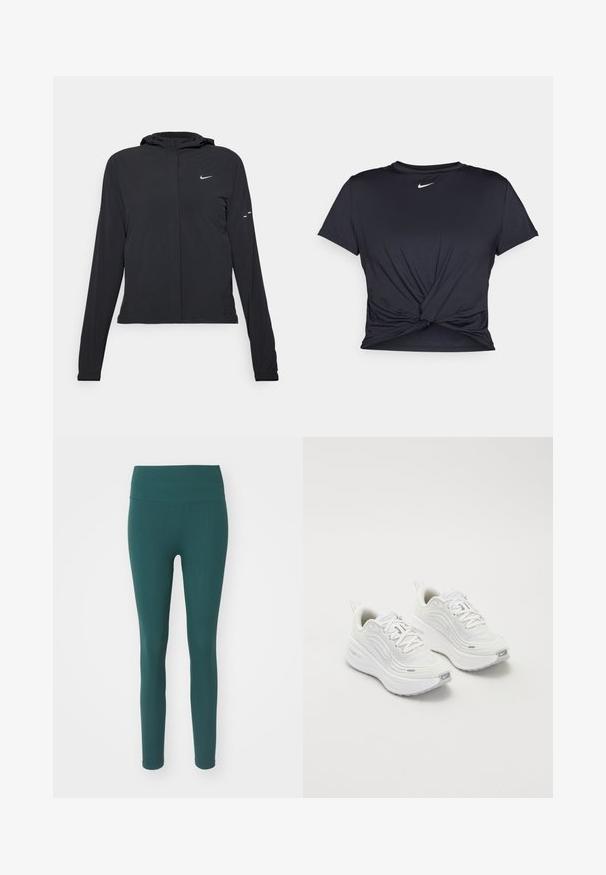 Casaco preto com capuz e mangas longas, feito de material leve. Apresenta um fecho dourado na frente, um logótipo da Nike e detalhes de design subtis.; T-shirt atlético preto feito de tecido liso, apresentando um design frontal com nó e um pequeno logótipo branco da Nike no peito.; Leggings verde-água canelados com uma cintura alta, feitos de um material elástico, apresentando um design ajustado e uma cintura elástica para conforto.; Tênis atléticos brancos com um cabedal de malha texturizada, sola acolchoada e discretos detalhes em cinza. Inclui logótipo e aba de calcanhar em laço para facilitar o calçar.