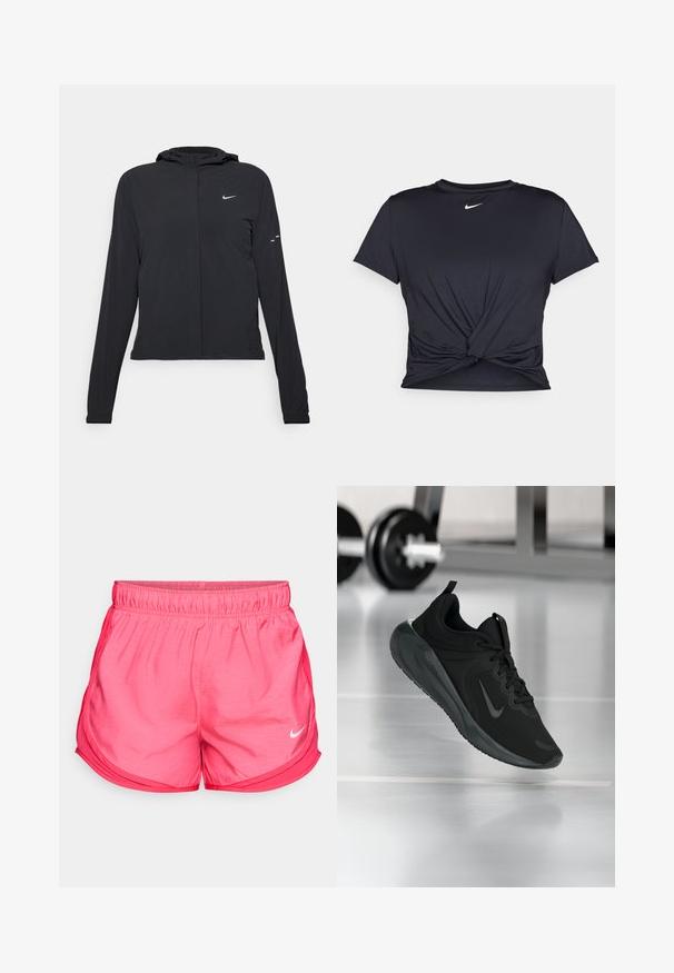 Čierna kapucňová bunda s dlhou rukávou, vyrobená z ľahkého materiálu. Má predný zips, logo Nike a jemné dizajnové akcenty.; Čierne atletické tričko vyrobené z hladkej tkaniny, so zaväzovaným predným dizajnom a malým bielym logom Nike na hrudi.; Ružové športové kraťasy s elastickým pásom, s bielym logom Nike na dolnej ľavej strane a zaobleným lemom.; Čierne športové tenisky s logom Nike, zobrazené vo vzduchu na podlahe telocvične, s rozmazaným regálom činkami v pozadí.