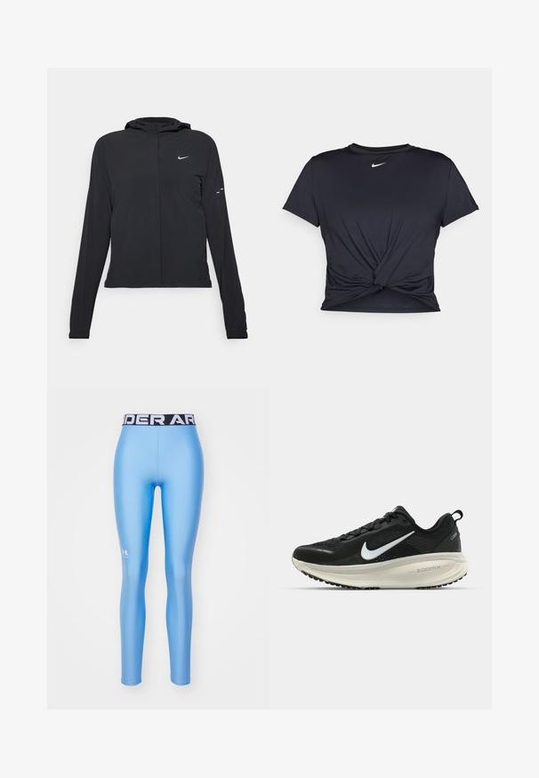 Casaco preto com capuz e mangas longas, feito de material leve. Apresenta um fecho dourado na frente, um logótipo da Nike e detalhes de design subtis.; T-shirt atlético preto feito de tecido liso, apresentando um design frontal com nó e um pequeno logótipo branco da Nike no peito.; Under Armour HEATGEAR - Leggings - horizon blue/white; Sapatilha de corrida Nike preta com parte superior de malha respirável, logotipo Swoosh branco, detalhes texturizados e uma entressola ZoomX na cor creme.