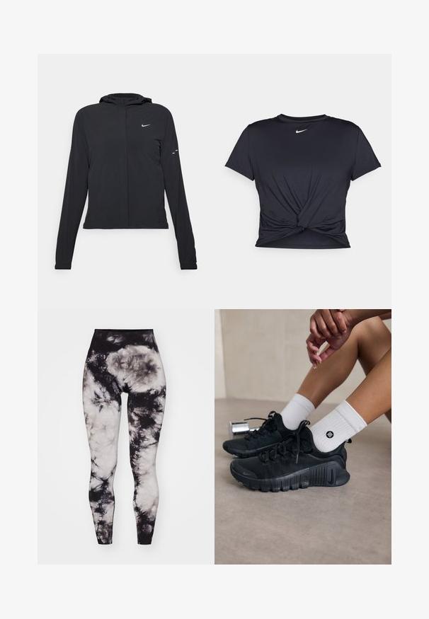 Svart huva jacka med långa ärmar, gjord av lätt material. Har en framdragare, en Nike-logotyp och subtila designelement.; Svart atletisk t-shirt i mjukt tyg, med en knuten framdesign och en liten vit Nike-logga på bröstet.; Yogasearcher GENJI - Tights - black; Svarta sportskor med texturerat tyg, snörning och en framträdande sula, tillsammans med vita ribbade strumpor med en liten logotyp.