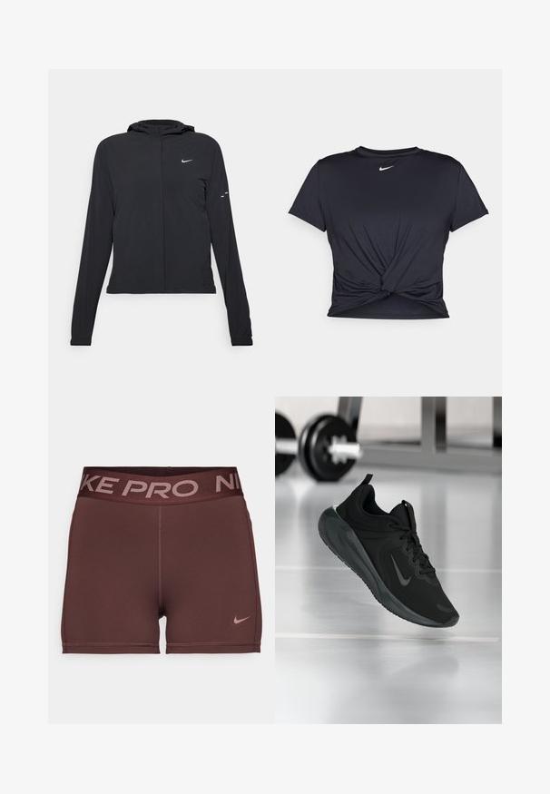 Black hooded jacket with long sleeves, made from lightweight material. Features a front zipper, a Nike logo, and subtle design accents.; Black athletic t-shirt made of smooth fabric, featuring a knotted front design and a small white Nike logo on the chest.; Maroon athletic shorts with a wide dark waistband featuring "NIKE PRO" text. Smooth texture with a small pink Nike logo on the side.; Black sports sneaker with Nike logo, shown mid-air on gym floor, with blurred dumbbell rack in background.