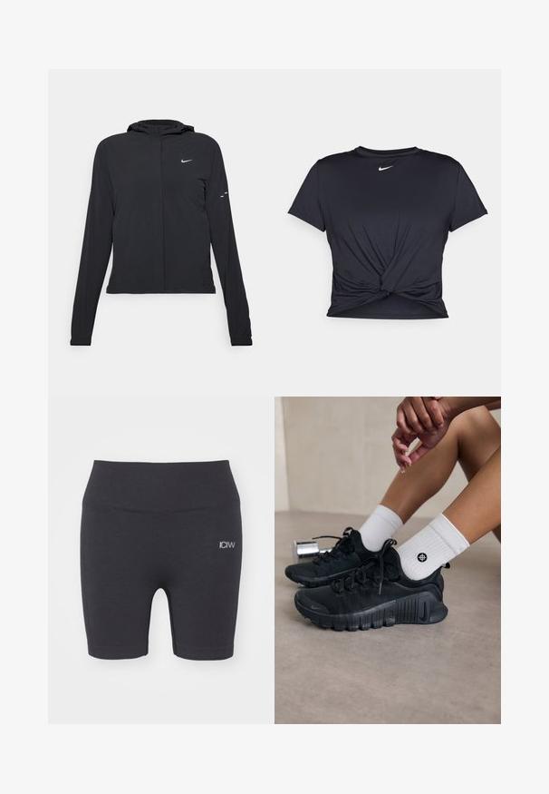 Black hooded jacket with long sleeves, made from lightweight material. Features a front zipper, a Nike logo, and subtle design accents.; Black athletic t-shirt made of smooth fabric, featuring a knotted front design and a small white Nike logo on the chest.; ICANIWILL SOFT - Leggings - black; Black athletic shoes with textured fabric, laced design, and a prominent sole, paired with white ribbed socks featuring a small logo.