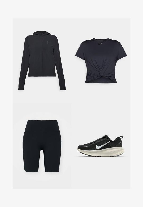 Crna jakna s kapuljačom i dugim rukavima, izrađena od laganog materijala. Ima prednji patentni zatvarač, Nike logo i suptilne dizajnerske detalje.; Crni trenirac s kratkim rukavima izrađen od glatkog materijala, s čvorastim dizajnom sprijeda i malim bijelim Nike logotipom na prsima.; Crne biciklističke kratke hlače visokog struka napravljene od rastezljivog materijala s glatkom teksturom, s bočnim dzepovima i prilagođenim dizajnom.; Crne Nike trkačke tenisice s prozračnom mrežastom gornjom konstrukcijom, bijelim swoosh logotipom, teksturiranim detaljima i kremastom ZoomX srednjom potplatnom jedinicom.