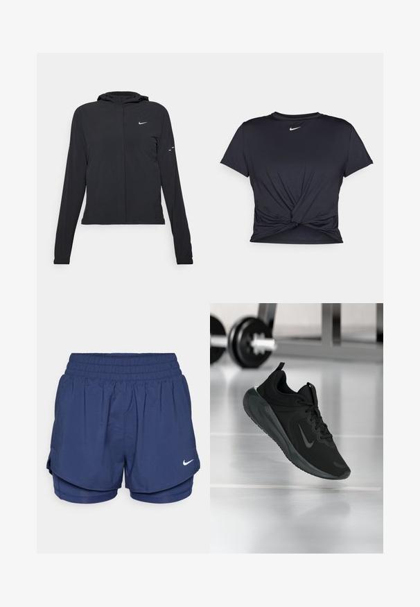 Schwarze Kapuzenjacke mit langen Ärmeln, aus leichtem Material gefertigt. Sie hat einen vorderen Reißverschluss, ein Nike-Logo und dezente Designelemente.; Schwarzes Sport-T-Shirt aus glattem Stoff, mit einem geknoteten Vorderdesign und einem kleinen weißen Nike-Logo auf der Brust.; Dunkelblaue, doppellagige Sportshorts mit elastischem Bund und weißem Nike-Swoosh-Logo auf der Vorderseite rechts.; Schwarzer Sportsneaker mit Nike-Logo, mid-air über dem Boden des Fitnessstudios, mit unscharfem Hantelregal im Hintergrund.