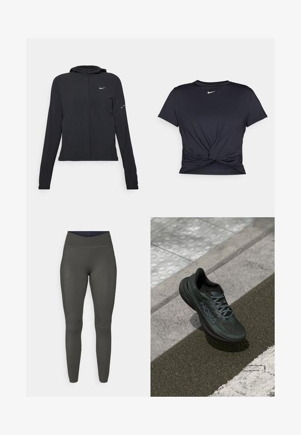 Melnā kapuci jaka ar garām piedurknēm, izgatavota no viegla materiāla. Tam ir priekšējais rāvējslēdzis, Nike logo un smalki dizaina akcenti.; Melna sporta t-kreklu ar gludu audumu, ar mezglošanas priekšpusi un mazu baltu Nike logotipu uz krūšu daļas.; Augstām jostasvietām paredzētas legingu bikses olīvzaļā krāsā, izgatavotas no elastīga materiāla ar gludu tekstūru un plakaniem šuvēm, piedāvājot pieguļošu siluetu.; Melnas skriešanas kedas ar tīkla augšdaļu, strukturētu akcentu un logotipu, ar mīkstu zoli un pelēkiem šņorēm, novietotas uz ieklāta seguma.